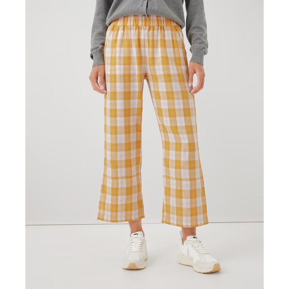 Pact Coastal Double Gauze Daily Pant Womens S Mustard Gingham Checkered Cropped